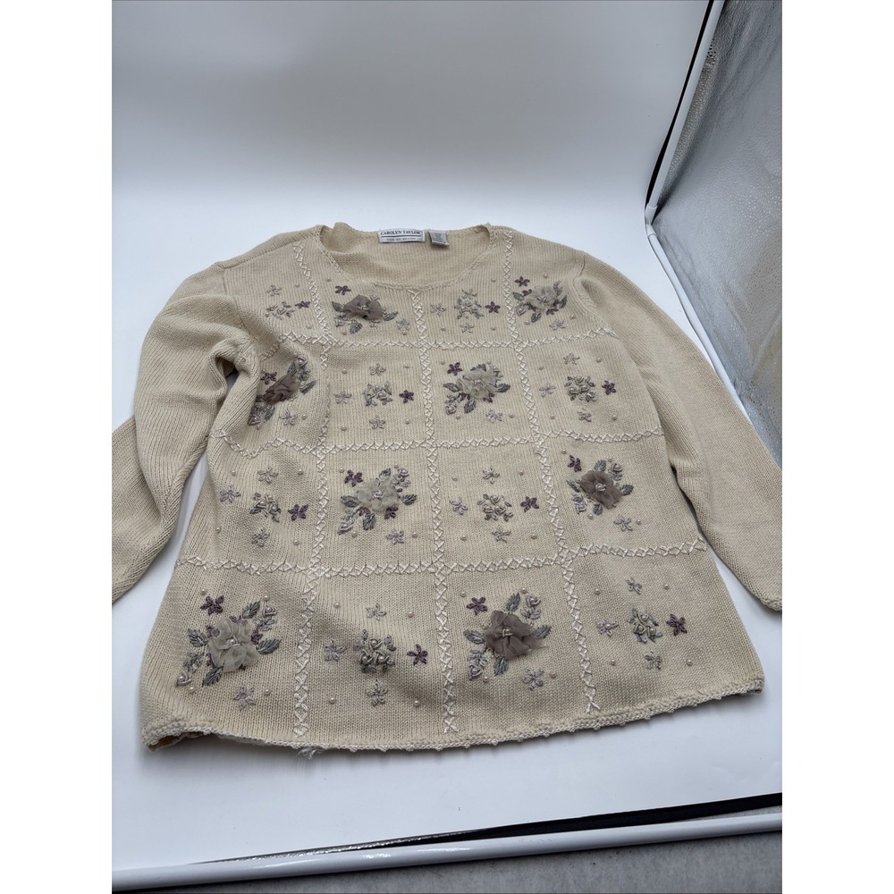 Carolyn Taylor For By Design Women's Sweater Size Medium Ivory With Flowers